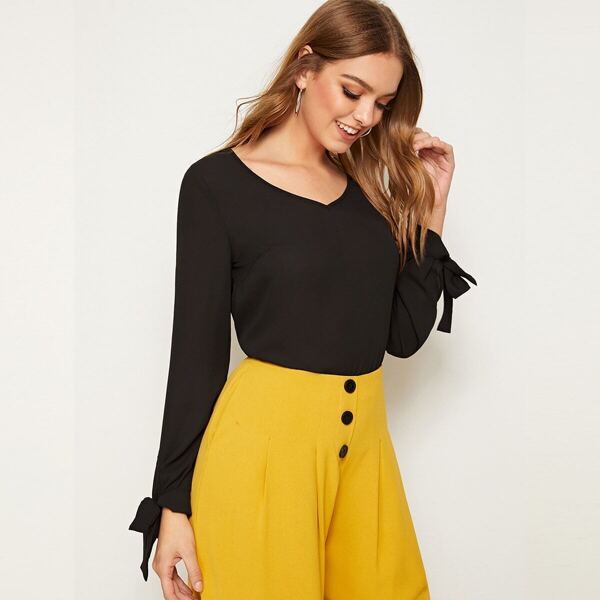 

V-neck Knot Cuff Solid Top