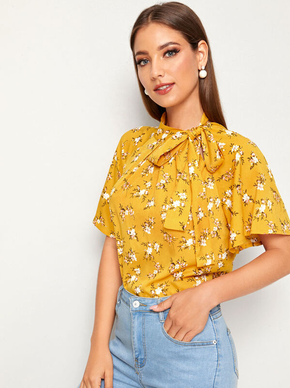 

Ditsy Floral Tie Neck Raglan Sleeve Blouse, Yellow, Debi Cruz