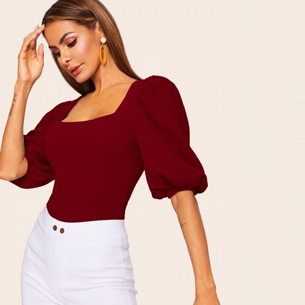 

Solid Lantern Sleeve Top, Burgundy