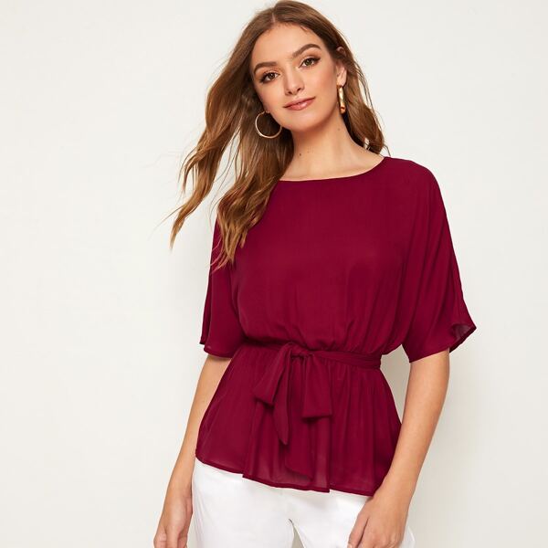 

Solid Ruffle Hem Belted Top