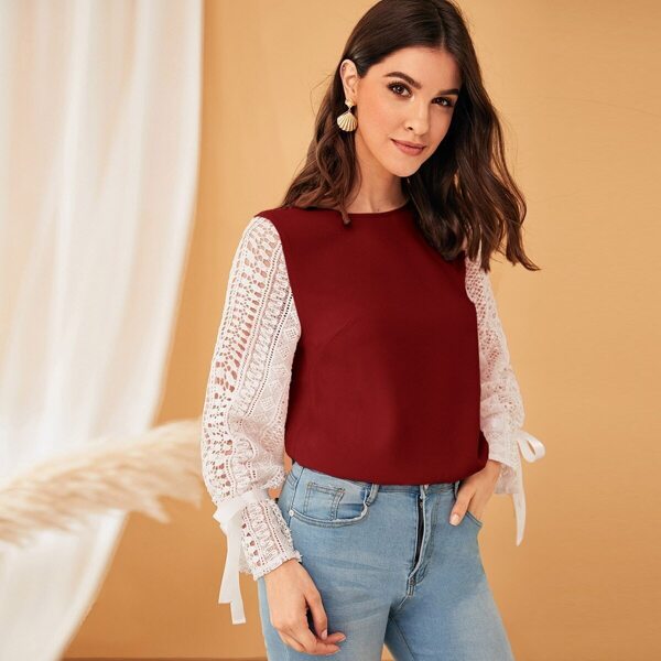 

Guipure Lace Sleeve Knotted Keyhole Back Top, Red