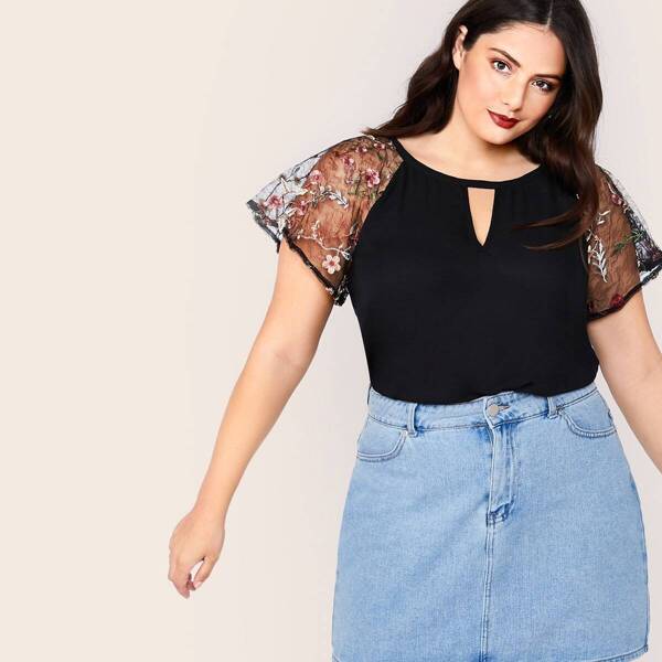 

Plus Embroidered Mesh Sleeve Keyhole Front Top