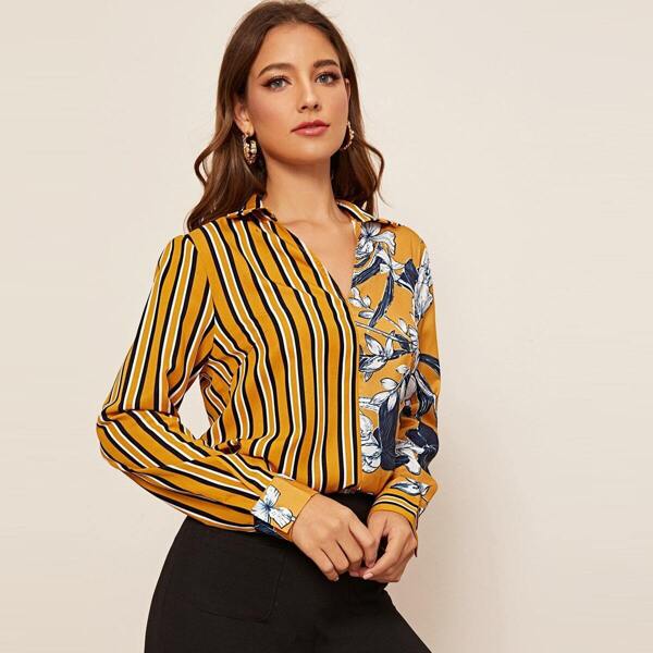 

V-collar Striped & Floral Print Spliced Blouse, Yellow