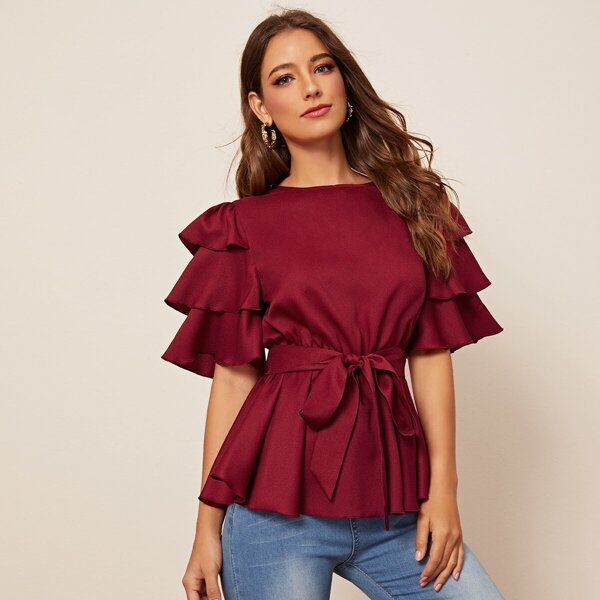 

Keyhole Back Layered Sleeve Belted Peplum Top