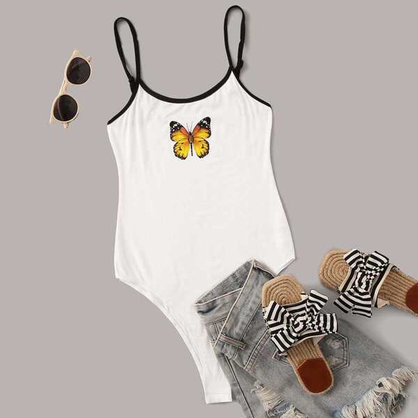 

Butterfly Print Ringer Bodysuit, White