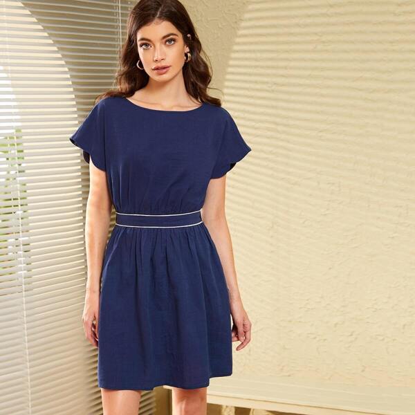 

Twist Back Contrast Binding Dress, Navy
