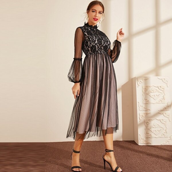 

Bishop Sleeve Lace Bodice Flocked Mesh Overlay Dress