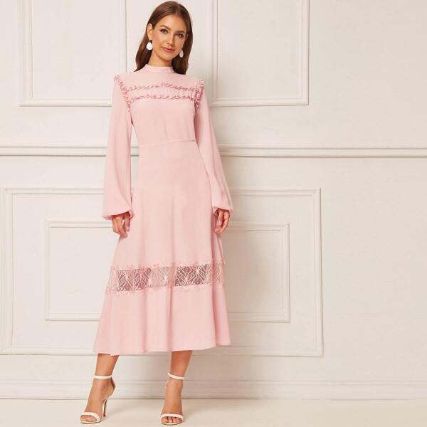 

Ruffle Trim Lantern Sleeve Lace Insert Dress, Pink pastel