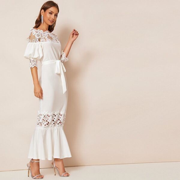 

Off Shoulder Guipure Lace Panel Fishtail Hem Belted Dress