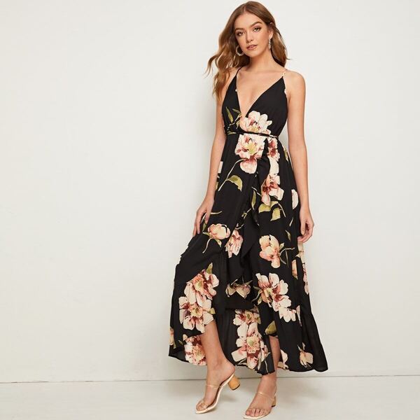 

Floral Asymmetrical Ruffle Hem Backless Slip Dress