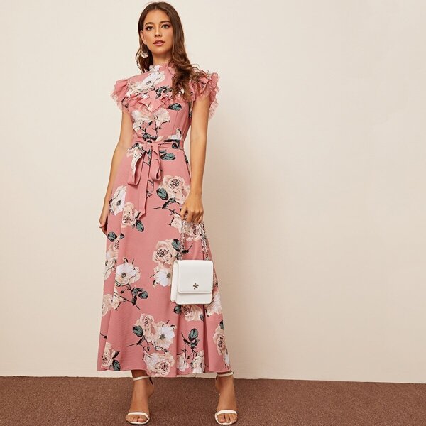 

Floral Ruffle Trim Mesh Insert Belted Dress, Pink