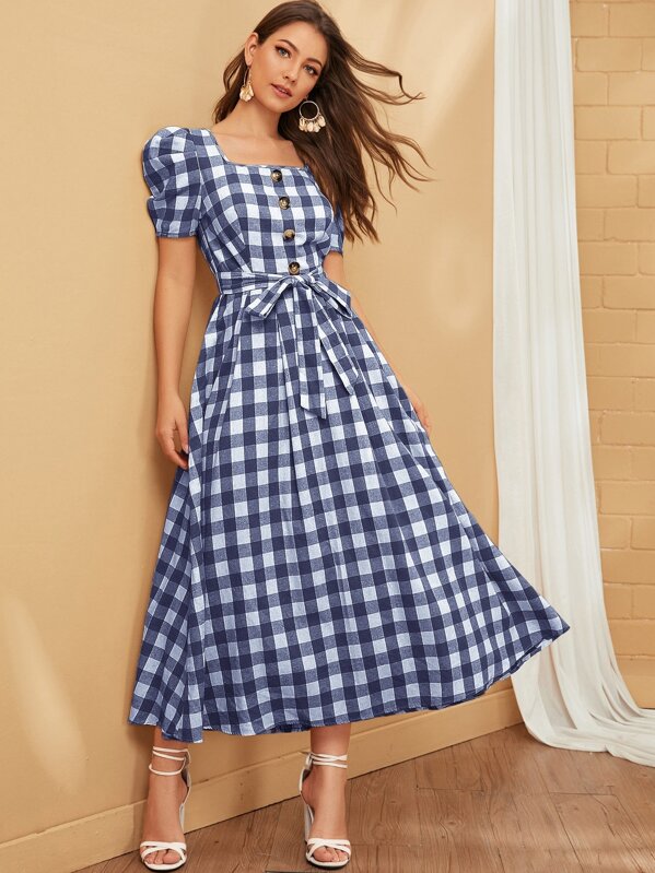 

Buttoned Puff Sleeve Belted Gingham Dress, Multicolor, Debi Cruz