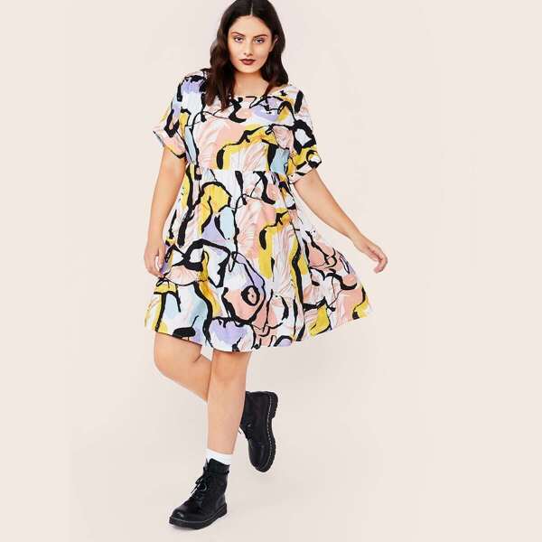 

Plus Graphic Print Smock Dress, Multicolor