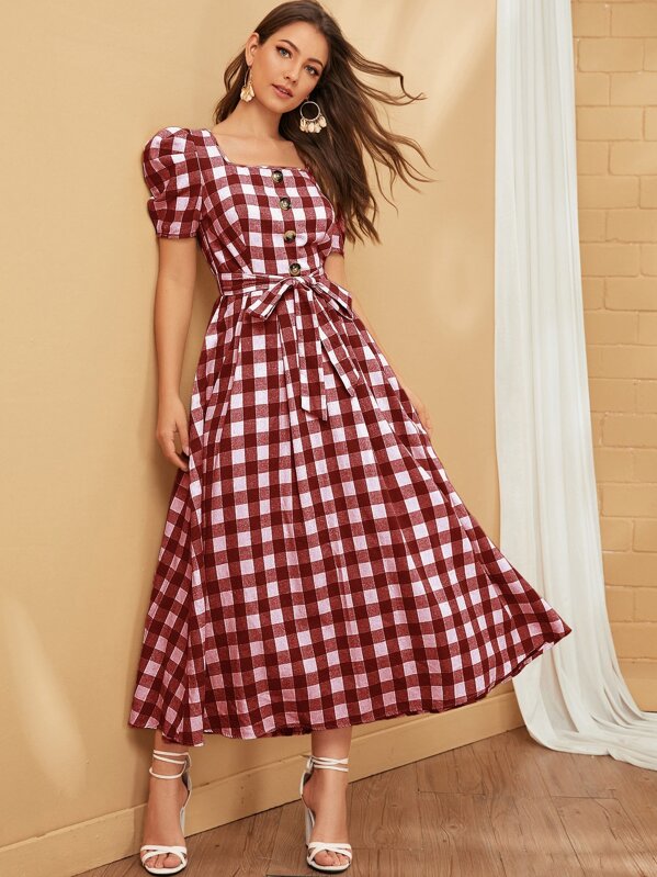 

Plaid Button Front Puff Sleeve Dress, Burgundy, Debi Cruz