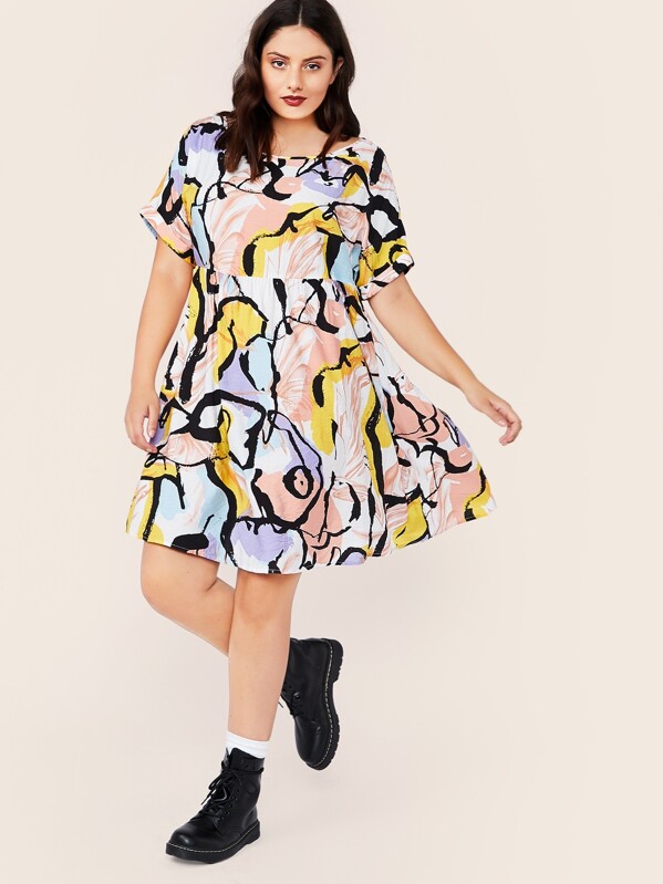 

Plus Graphic Print Smock Dress, Multicolor, Marcelle Pallais
