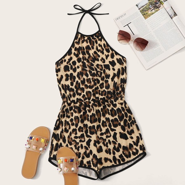 

Knot Backless Leopard Print Halter Romper, Multicolor