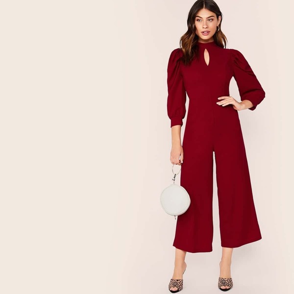 

Mock-Neck Puff Sleeve Peekaboo Wide Leg Jumpsuit