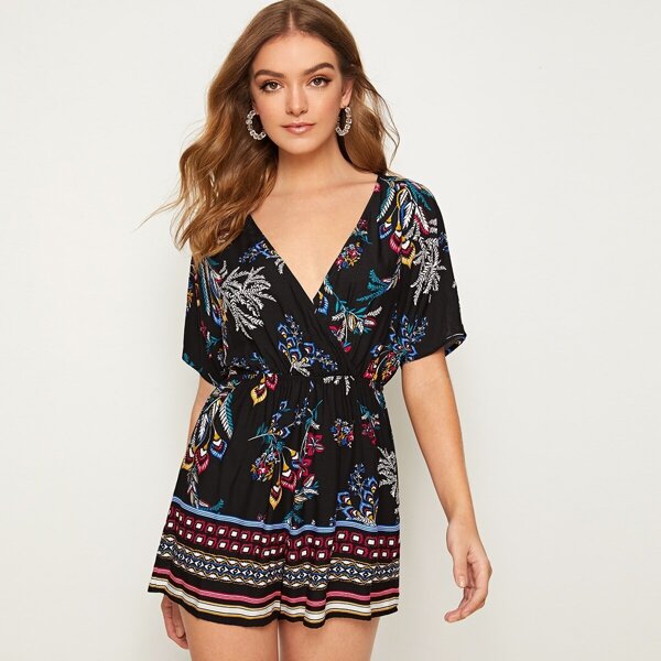 

Floral Print Surplice Neck Romper