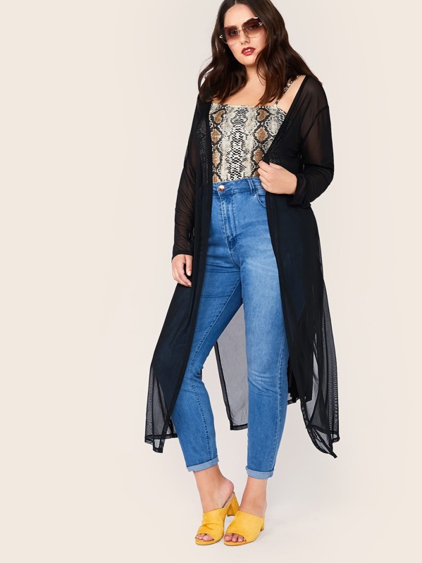 

Plus Open Front Sheer Mesh Overlay Split Hem Kimono, Black, Marcelle Pallais