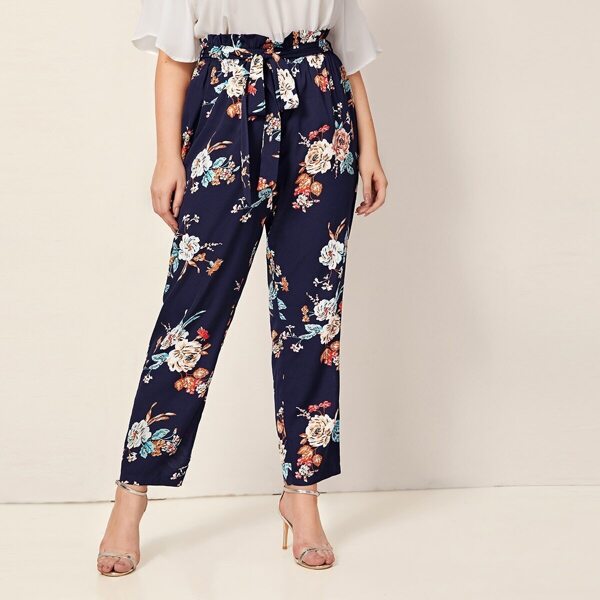 

Plus Floral Paperbag Waist Belted Pants, Navy