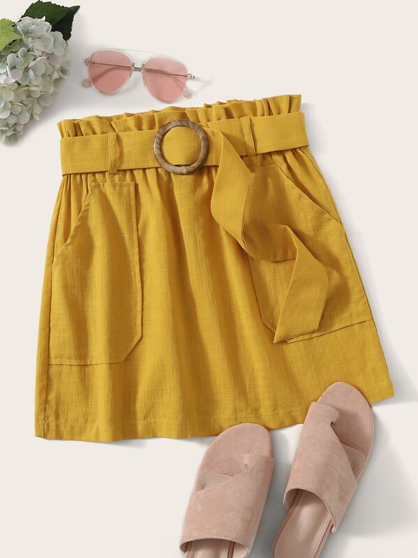 

Paperbag Waist Pocket Patched Skirt, Yellow