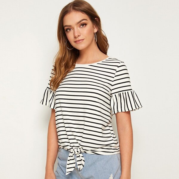 

Flounce Sleeve Tie Hem Striped Tee