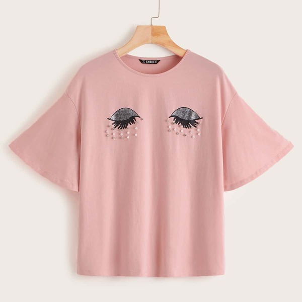 

Pearl Beaded Glitter Eye Print Flounce Sleeve Tee