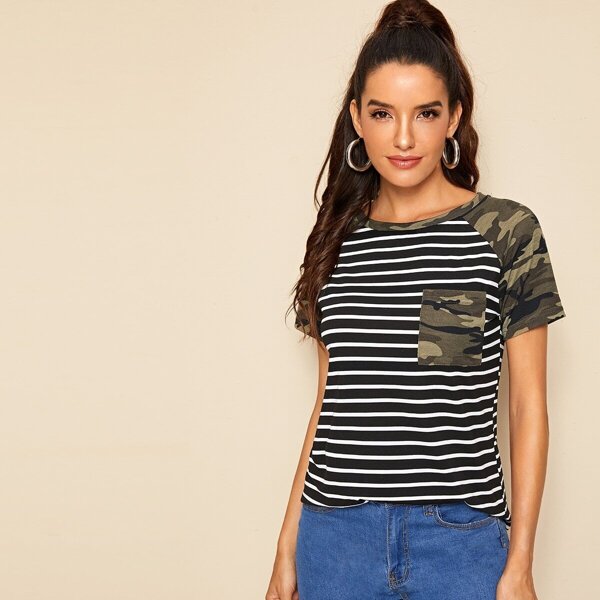 

Striped & Camo Print Tee, Black and white