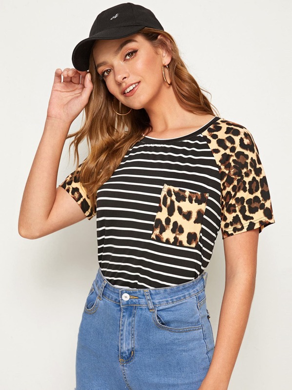 

Pocket Patched Leopard Raglan Sleeve Striped Top, Black, Luiza