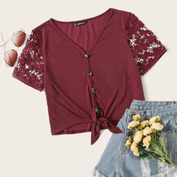 

Lace Sleeve Button Front Tie Hem Top, Burgundy