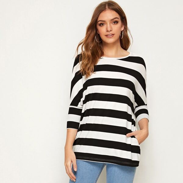 

Dolman Sleeve Striped Tee, Black and white