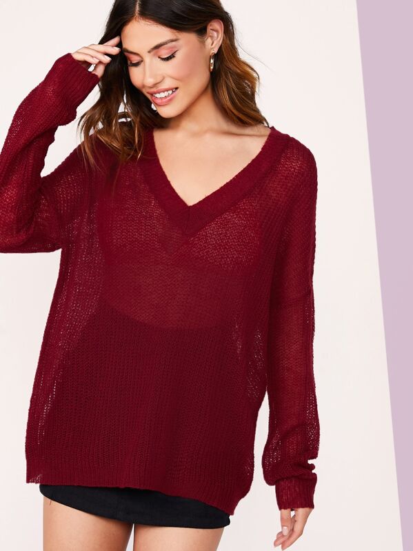 

V-neck Drop Shoulder Semi Sheer Sweater, Burgundy, Carmen S