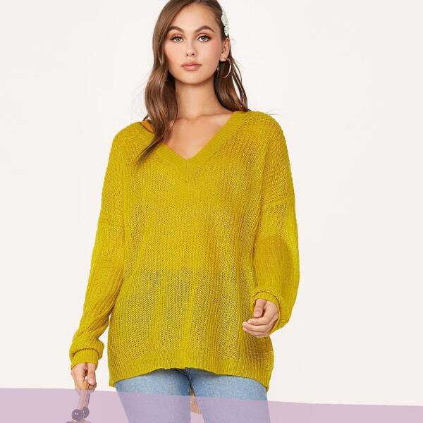

V-neck Drop Shoulder Semi Sheer Sweater, Yellow