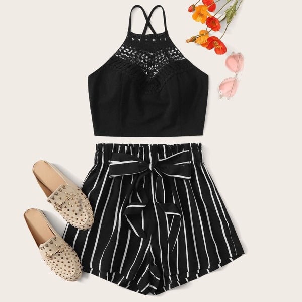 

Lace Insert Cami Top & Paperbag Waist Tie Front Shorts Set