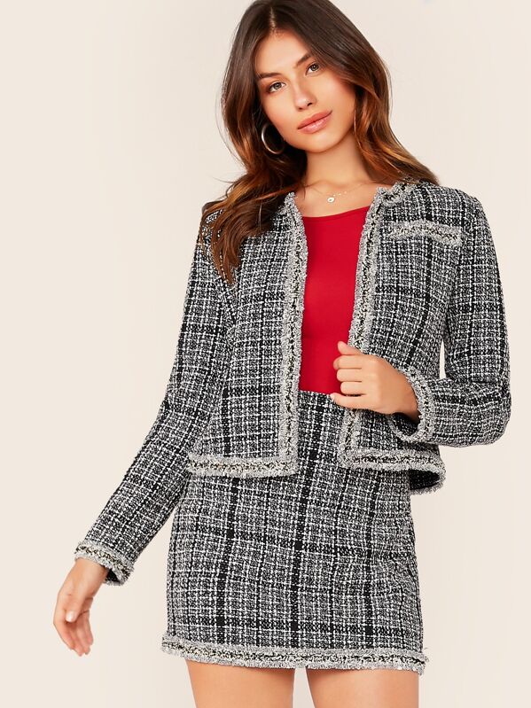 

Raw Hem Tweed Jacket & Skirt Set, Black and white, Carmen S