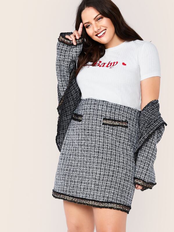

Plus Raw Hem Tweed Jacket & Skirt Set, Black and white, Marcelle Pallais