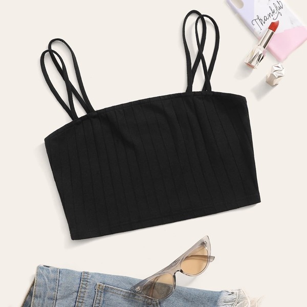 

Solid Rib-knit Cami Top, Black