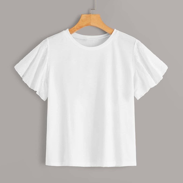 

Contrast Eyelet Embroidery Sleeve Tee