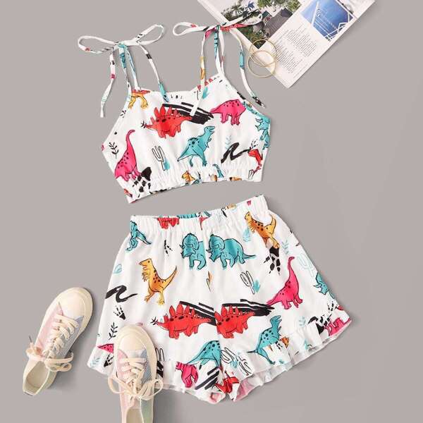 

Tie Shoulder Allover Dinosaur Crop Top With Shorts