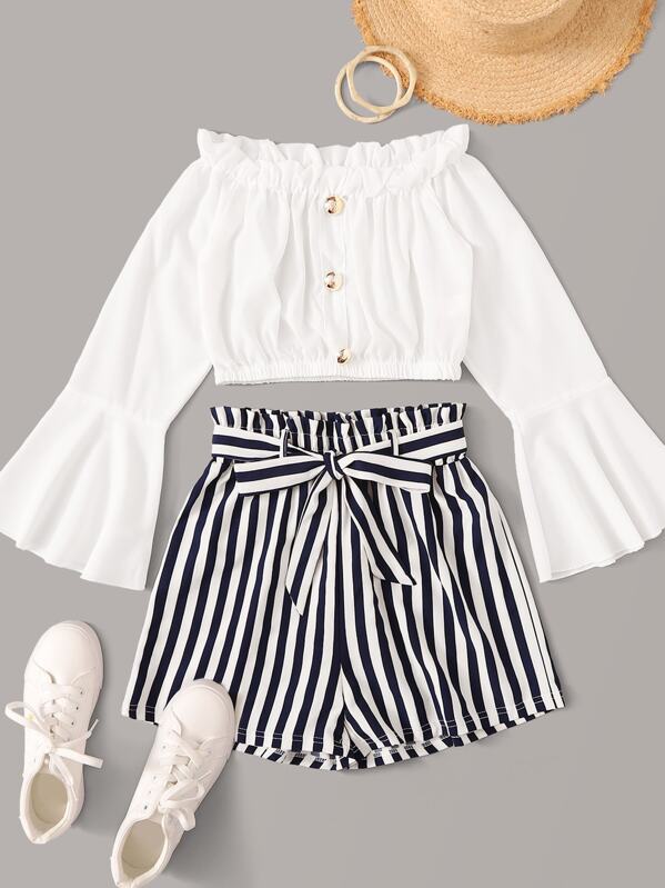 

Button Front Frill Trim Top With Striped Belted Shorts, Multicolor