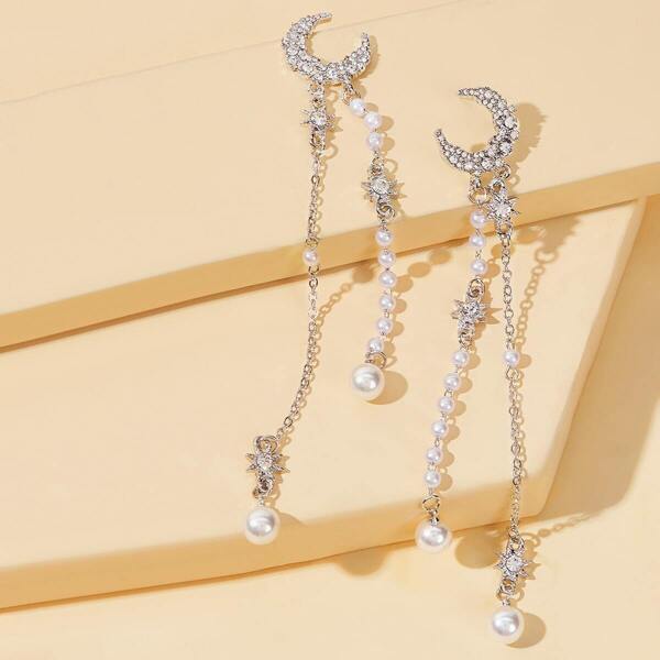 

Rhinestone Engraved Moon Faux Pearl Chain Drop Earrings 1pair