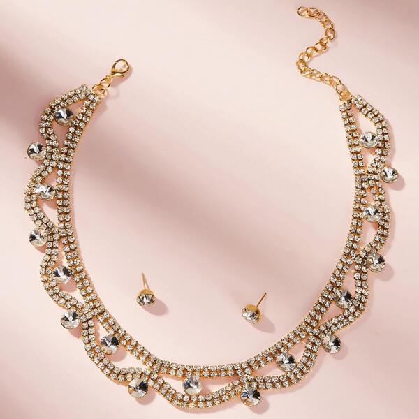 

Rhinestone Design Choker & Earrings 3pcs