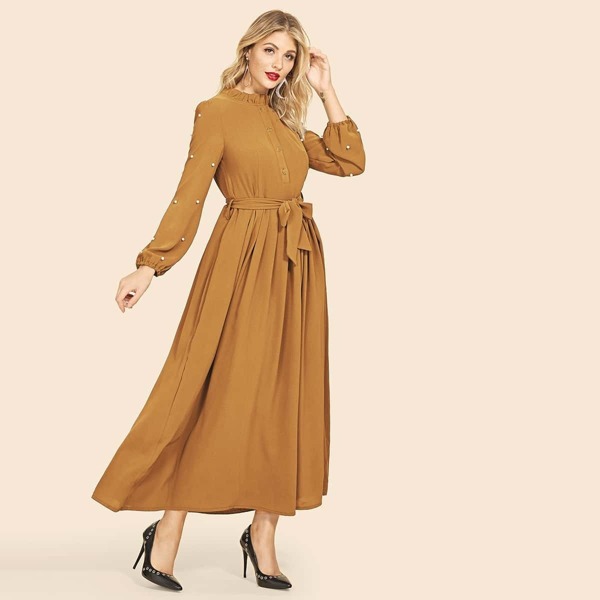 

Frill Neck Pearls Sleeve Tie Waist Dress, Yellow