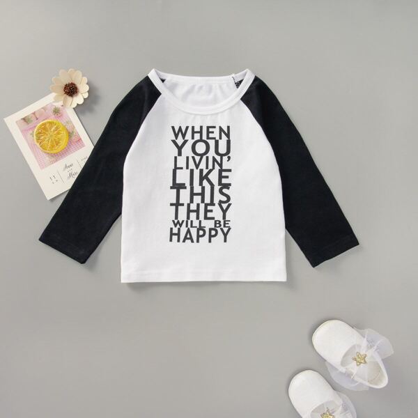 

Baby Boy Slogan Print Baseball Tee, Black and white