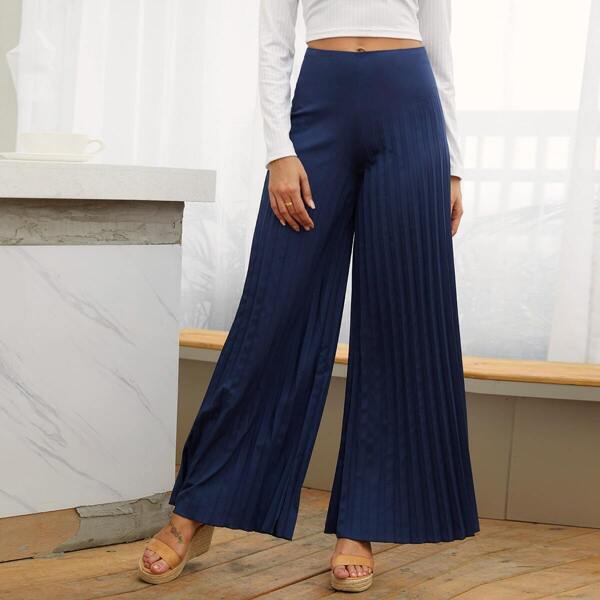

Zip Back Wide Leg Pleated Pants, Navy