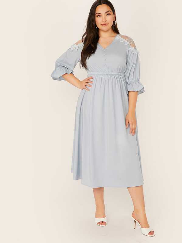 

Plus Lace Insert Flounce Sleeve Dress, Blue, Yumi