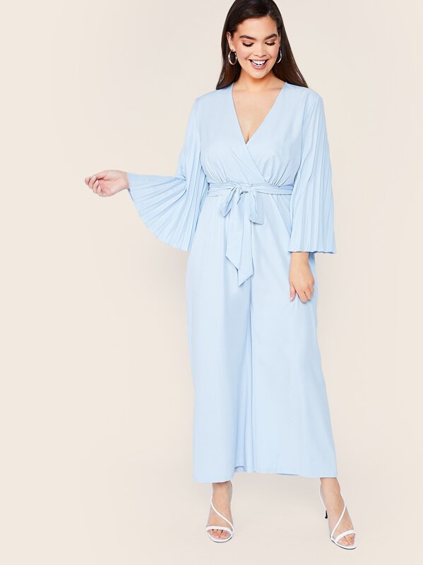 

Plus Surplice Neck Pleated Bell Sleeve Belted Jumpsuit, Blue, Faith Bowman