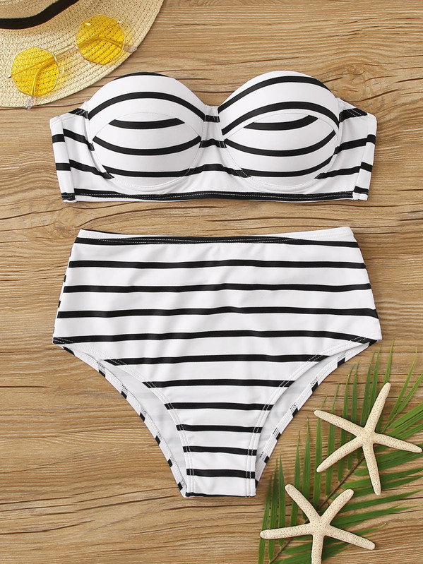 

Striped Underwire Top With High Waist Bikini Set, Black and white