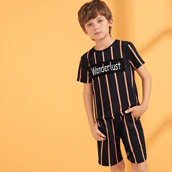 

Boys Patched Front Striped Top and Shorts Set