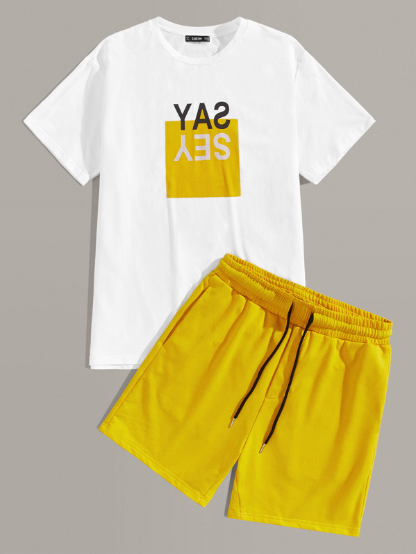 

Men Letter Graphic Tee and Slant Pocket Shorts Set, Multicolor